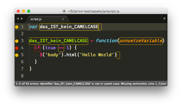 JSHint-Beispiel in Sublime Text